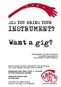Poster for Woodford Folk Festival 2015, recruiting young players for Folkaphonic Youth Orchestra, to rehearse and perform at the festival
